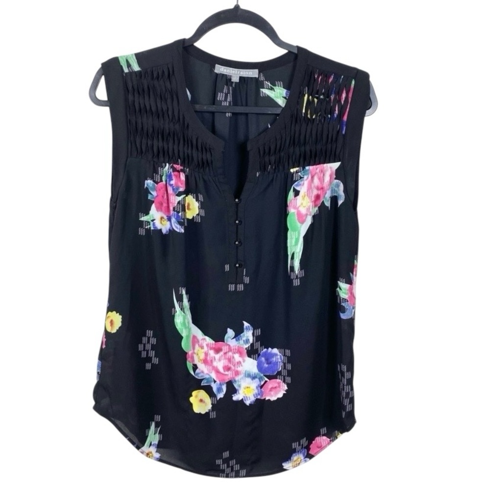 Daniel Rainn Black Floral Sleeveless Blouse Pleated Sheer Work Top S
